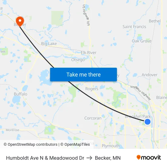 Humboldt Ave N & Meadowood Dr to Becker, MN map