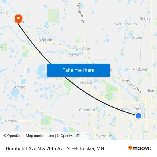 Humboldt Ave N & 70th Ave N to Becker, MN map