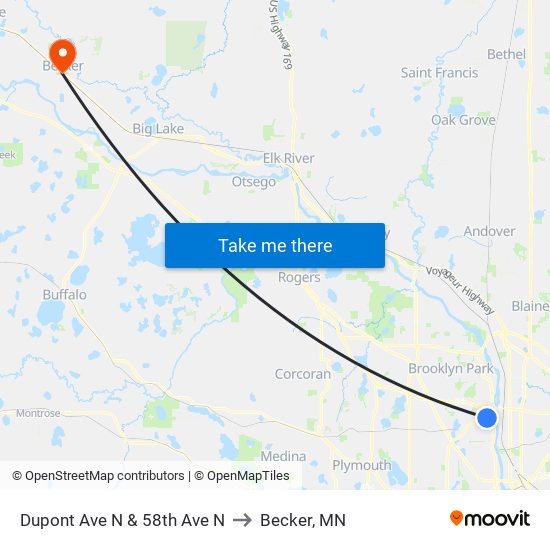 Dupont Ave N & 58th Ave N to Becker, MN map