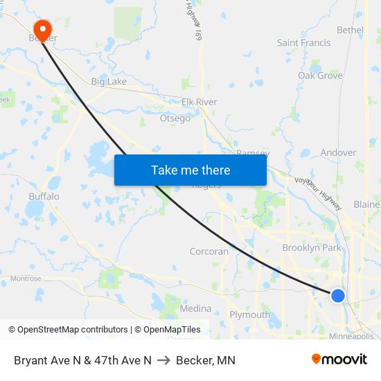 Bryant Ave N & 47th Ave N to Becker, MN map