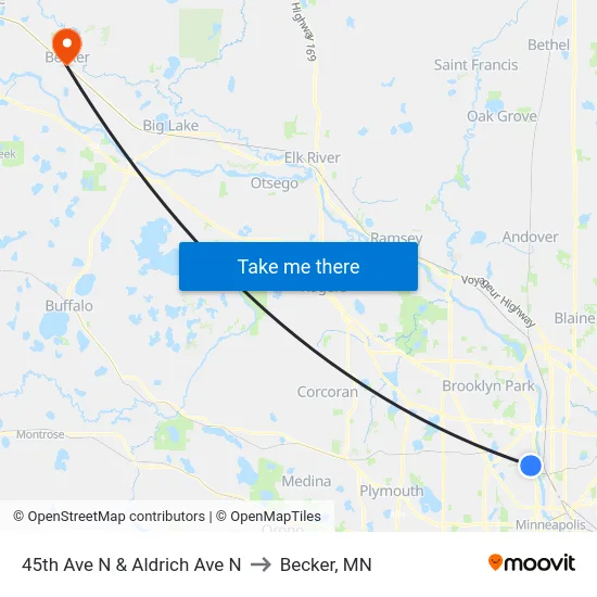 45th Ave N & Aldrich Ave N to Becker, MN map