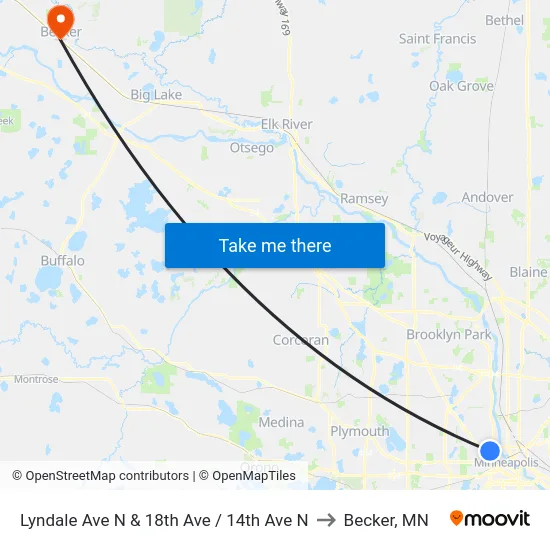 Lyndale Ave N & 18th Ave / 14th Ave N to Becker, MN map