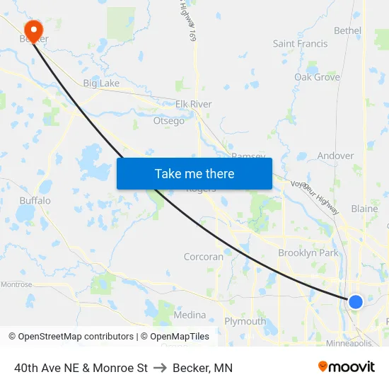 40th Ave NE & Monroe St to Becker, MN map
