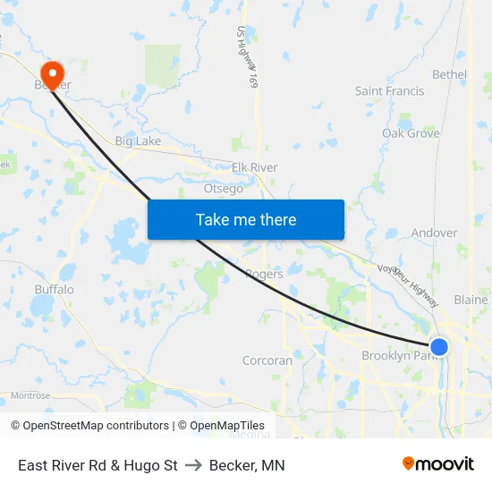 East River Rd & Hugo St to Becker, MN map