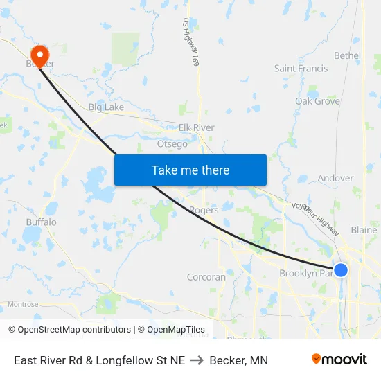 East River Rd & Longfellow St NE to Becker, MN map