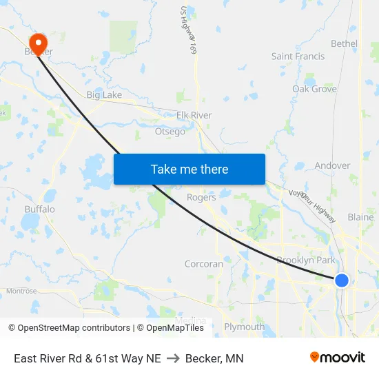 East River Rd & 61st Way NE to Becker, MN map