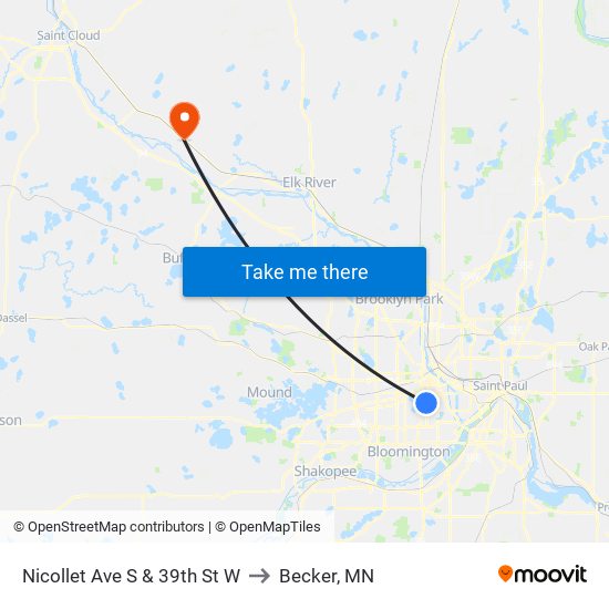 Nicollet Ave S & 39th St W to Becker, MN map