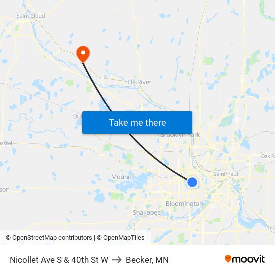 Nicollet Ave S & 40th St W to Becker, MN map