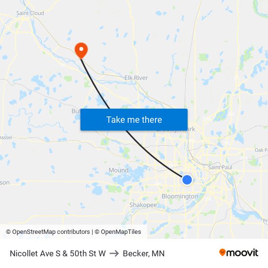 Nicollet Ave S & 50th St W to Becker, MN map