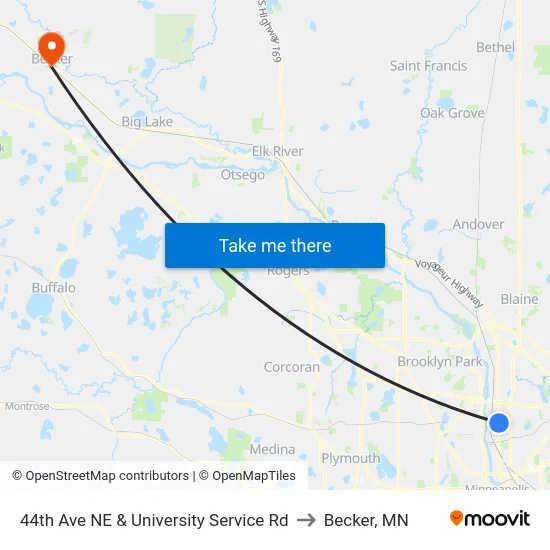 44th Ave NE & University Service Rd to Becker, MN map