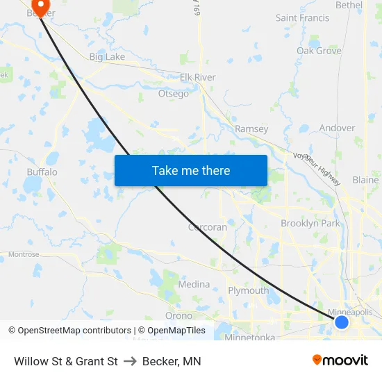 Willow St & Grant St to Becker, MN map