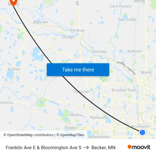 Franklin Ave E & Bloomington Ave S to Becker, MN map