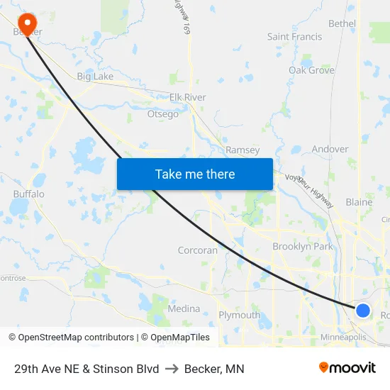 29th Ave NE & Stinson Blvd to Becker, MN map