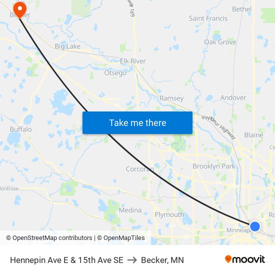 Hennepin Ave E & 15th Ave SE to Becker, MN map