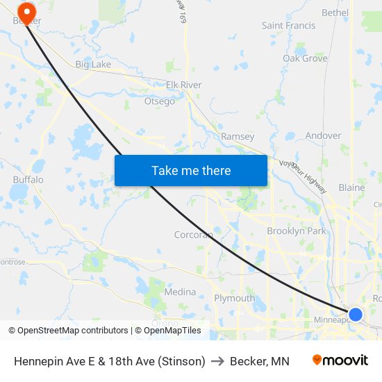 Hennepin Ave E & 18th Ave (Stinson) to Becker, MN map