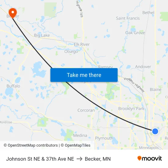 Johnson St NE & 37th Ave NE to Becker, MN map