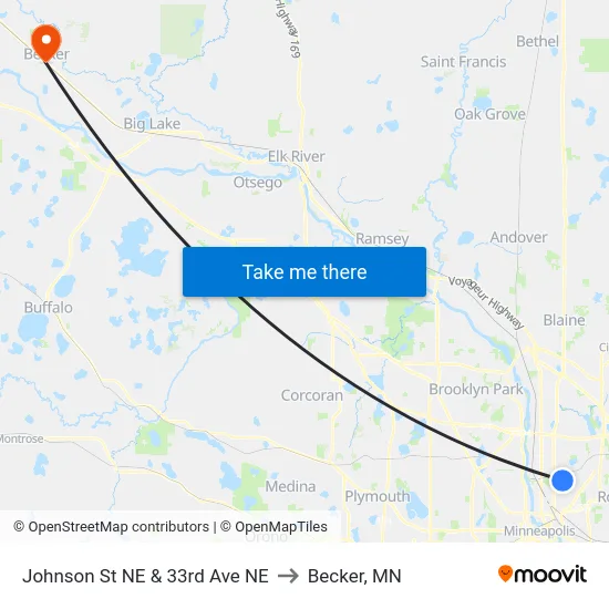 Johnson St NE & 33rd Ave NE to Becker, MN map