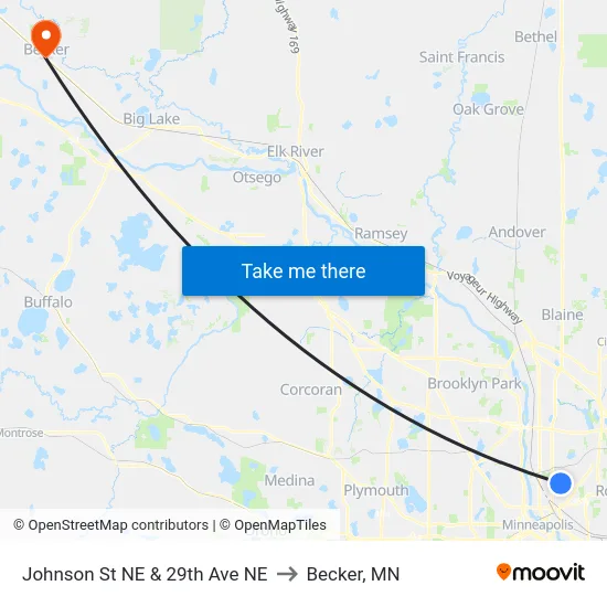 Johnson St NE & 29th Ave NE to Becker, MN map