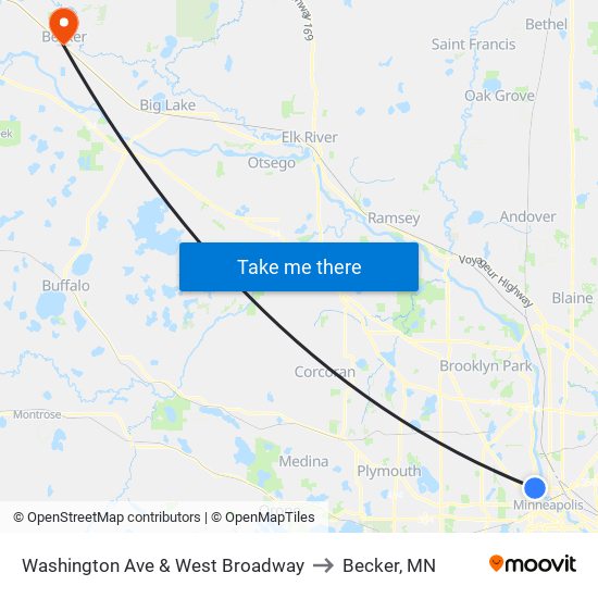 Washington Ave & West Broadway to Becker, MN map