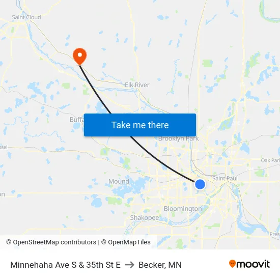 Minnehaha Ave S & 35th St E to Becker, MN map