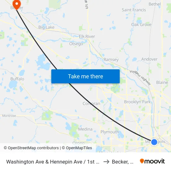 Washington Ave & Hennepin Ave to Becker, MN map
