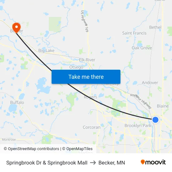 Springbrook Dr & Springbrook Mall to Becker, MN map