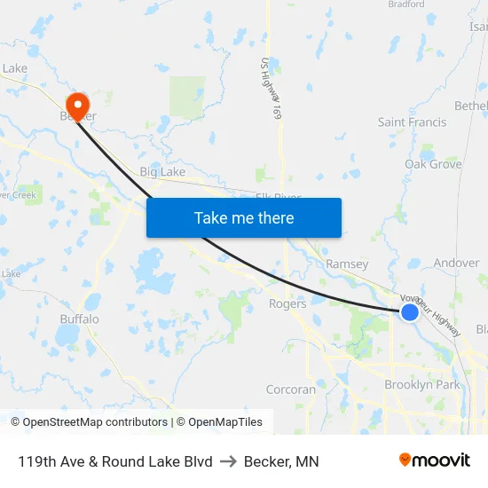 119th Ave & Round Lake Blvd to Becker, MN map