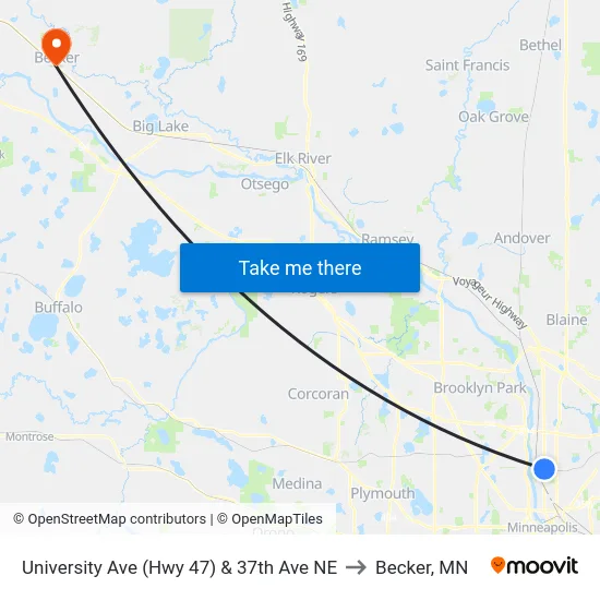 University Ave (Hwy 47) & 37th Ave NE to Becker, MN map