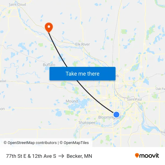 77th St E & 12th Ave S to Becker, MN map