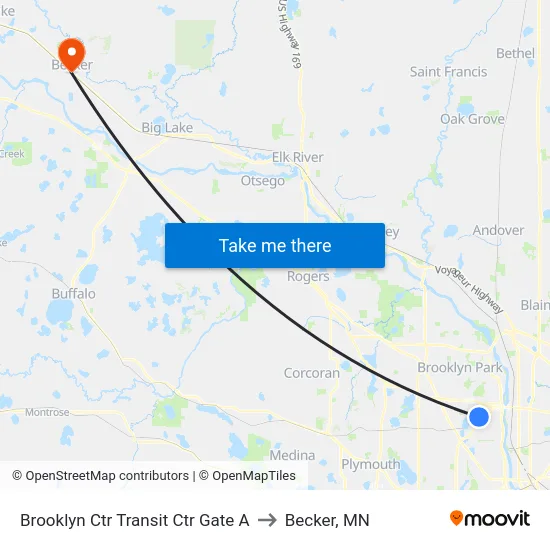 Brooklyn Ctr Transit Ctr Gate A to Becker, MN map
