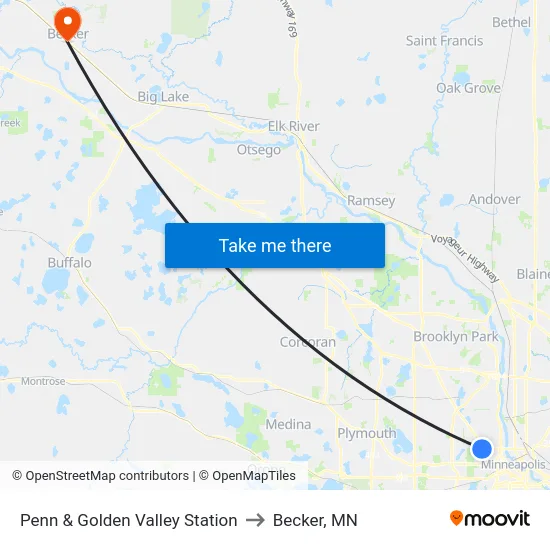Penn & Golden Valley Station to Becker, MN map