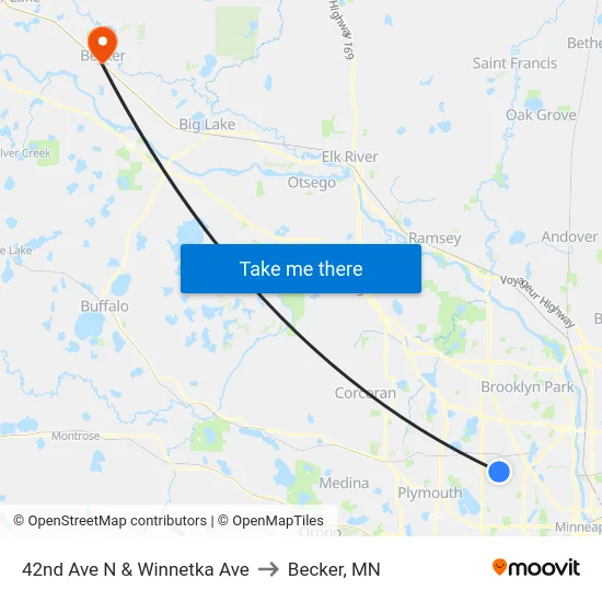 42nd Ave N & Winnetka Ave to Becker, MN map