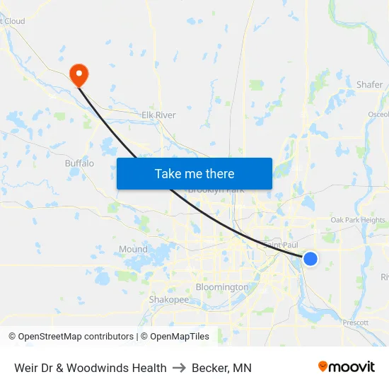 Weir Dr & Woodwinds Health to Becker, MN map