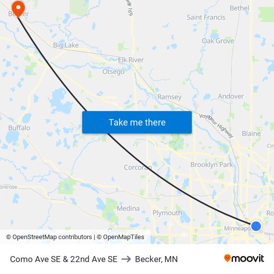 Como Ave SE & 22nd Ave SE to Becker, MN map