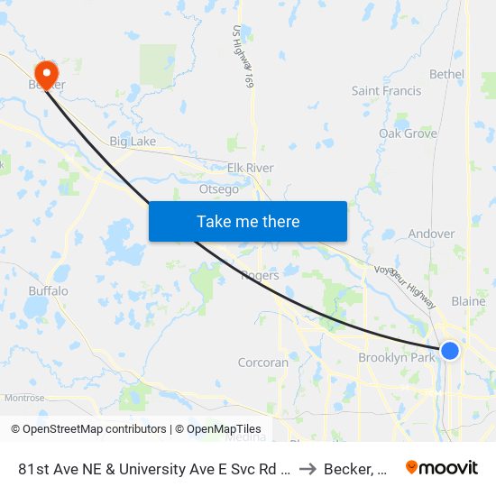 81st Ave NE & University Ave E Svc Rd NE to Becker, MN map