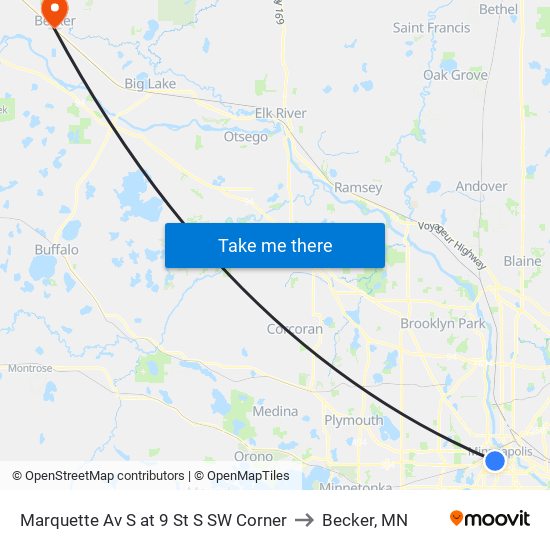 Marquette Av S at 9 St S SW Corner to Becker, MN map