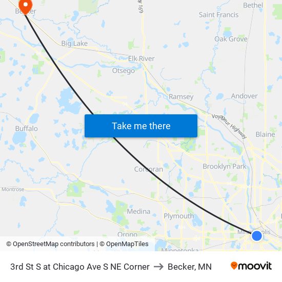 3rd St S at Chicago Ave S NE Corner to Becker, MN map