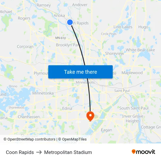 Coon Rapids to Metropolitan Stadium map