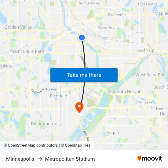 Minneapolis to Metropolitan Stadium map