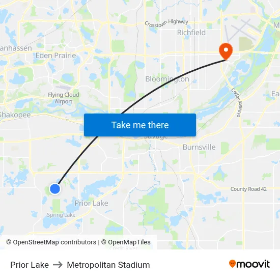 Prior Lake to Metropolitan Stadium map