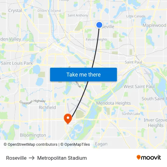 Roseville to Metropolitan Stadium map