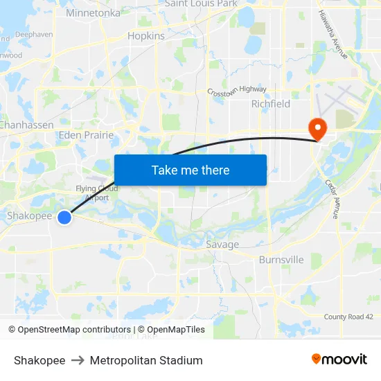 Shakopee to Metropolitan Stadium map