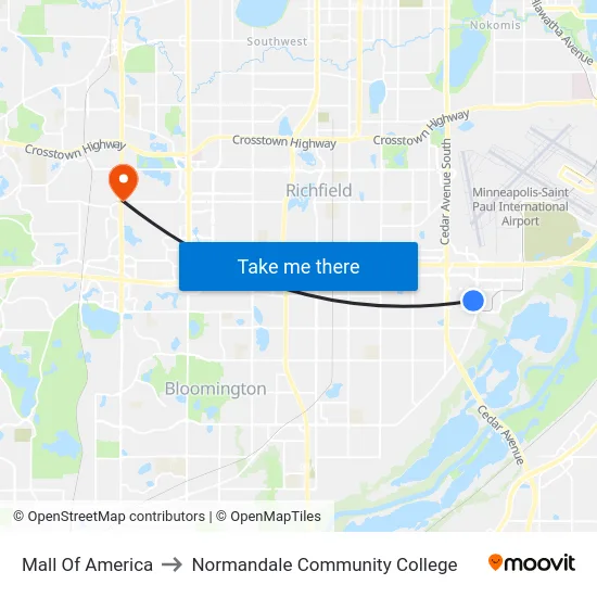 Mall Of America to Normandale Community College map