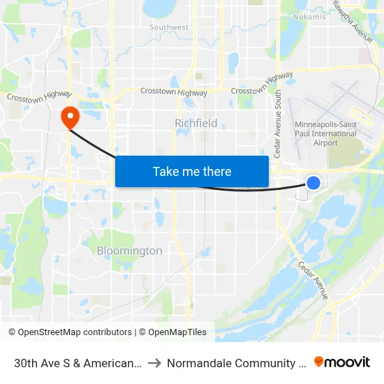 30th Ave S & American Blvd E to Normandale Community College map