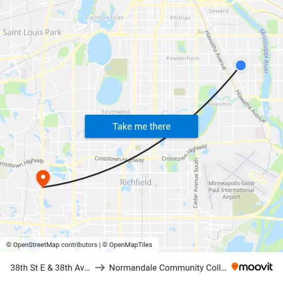 38th St E & 38th Ave S to Normandale Community College map