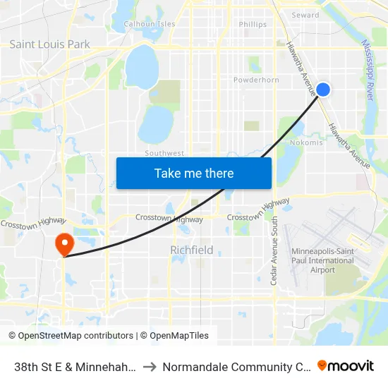 38th St E & Minnehaha Ave to Normandale Community College map