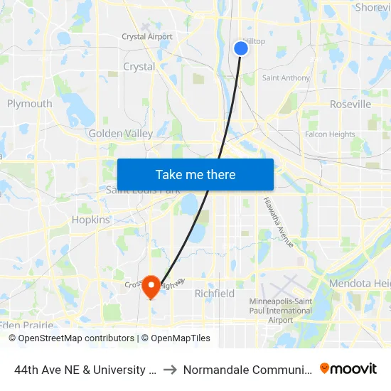 44th Ave NE & University Service Rd to Normandale Community College map