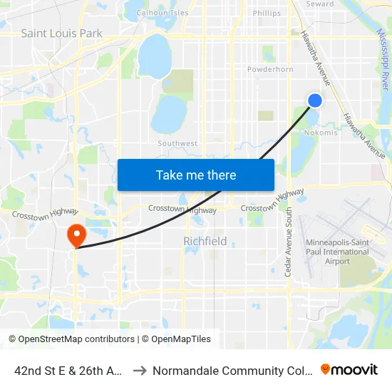 42nd St E & 26th Ave S to Normandale Community College map