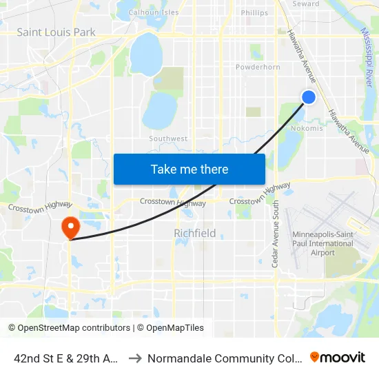 42nd St E & 29th Ave S to Normandale Community College map