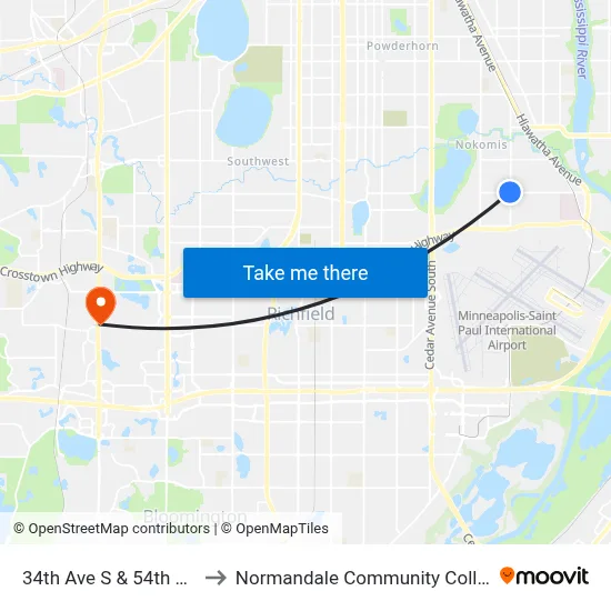 34th Ave S & 54th St E to Normandale Community College map